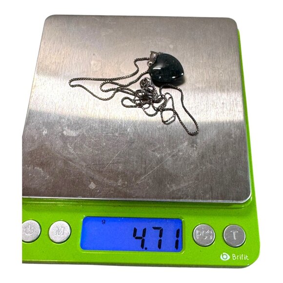 Sterling Silver Heart-Shaped Moss Green Agate Pendant Necklace 18" Italy Vintage - Picture 7 of 10